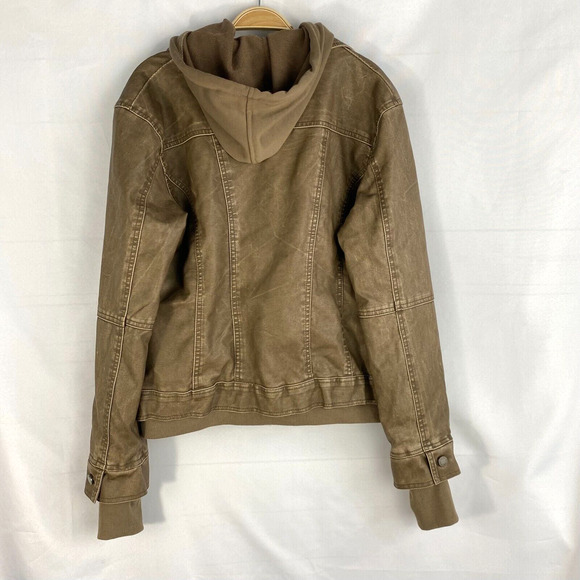 LOCK & LOVE Hooded Aviator Waxed Jacket Women XL Tan Faux Leather Bikercore NEW - Picture 2 of 12